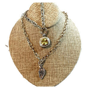 Chunky Faux Peridot Charm Necklace & Toggle Silver Tone Leaf Y2K Soft Grunge Duo